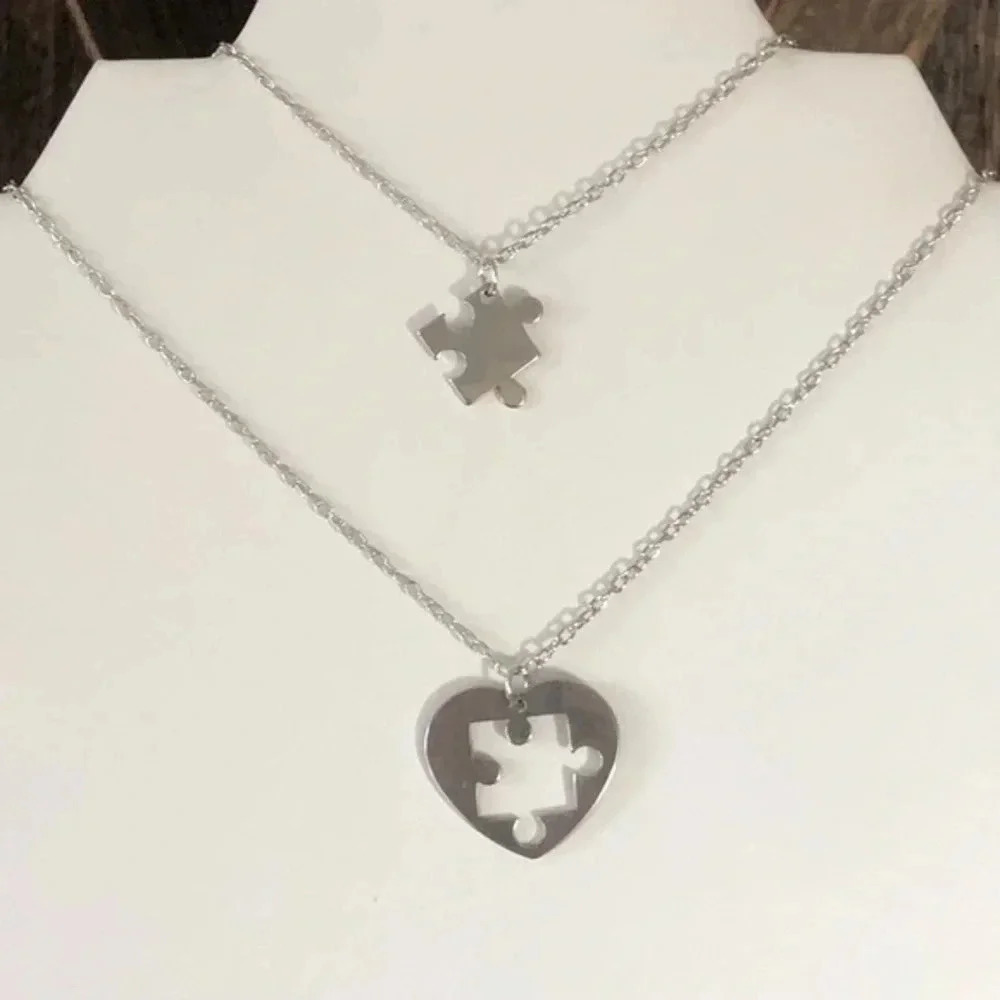 Pair Of Autism Awareness Puzzle Piece Stainless Steel Necklace New New